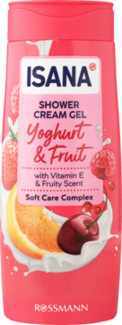 Isana Shower Cream Gel Yoghurt & Fruit, różowa butelka z malinami, truskawkami, wiśniami i pomarańczą. Widok z przodu.