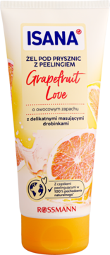 Isana Grapefruit Love żel pod prysznic z peelingiem z naturalnymi drobinkami, biało-pomarańczowa tubka, przód.
