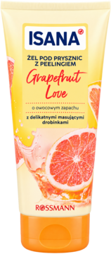 Isana Grapefruit Love żel pod prysznic z peelingiem, żółta tuba z pomarańczową nakrętką i grafiką soczystych grejpfrutów. Widok z przodu.