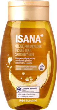 Isana olejek pod prysznic z 56% naturalnych olejów, w złotej butelce, widok z przodu.