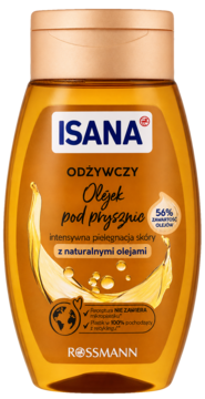 Isana odżywczy olejek pod prysznic, 56% naturalnych olejków, w brązowej butelce z złotym wieczkiem, widok z przodu.