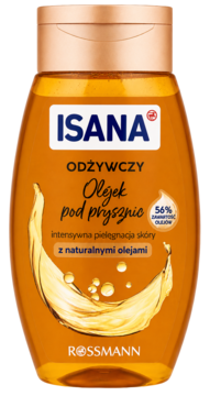 Isana odżywczy olejek pod prysznic z naturalnymi olejami, bursztynowa butelka, złota nakrętka, widok z przodu.