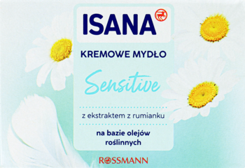 Mydło kremowe Isana Sensitive z rumiankiem i olejami roślinnymi, białe opakowanie z kwiatami rumianku, widok z przodu.