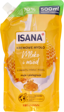 Żółta torebka uzupełniająca Isana Kremowe Mydło Mleko i Miód 500ml, z grafiką plastra miodu i mleka.