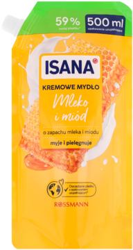 ISANA Kremowe Mydło Mleko i Miód, 500ml, żółta saszetka z wzorem plastra miodu i mleka, widok z przodu.