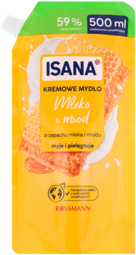 ISANA Kremowe Mydło Mleko i Miód, 500ml, żółta saszetka z wzorem plastra miodu i mleka, widok z przodu.