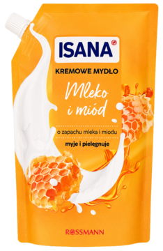 Pomarańczowa saszetka kremowego mydła Isana Mleko i Miód z widocznym mlekiem i plastrem miodu.