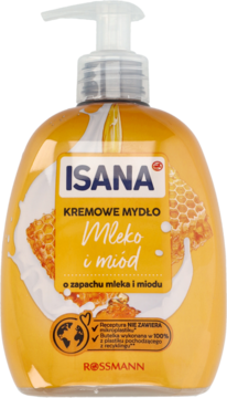 Isana kremowe mydło Mleko i Miód w żółtej butelce z pompką, z przodu grafika mleka i miodu.