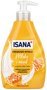 Kremowe mydło ISANA Mleko i Miód w żółtej butelce z pompką, z grafiką mlecznych smug i plastrów miodu, przód.