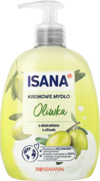 ISANA Kremowe Mydło Oliwka w jasnozielonej butelce z białą pompką, widok z przodu, z oliwkami i recyklingiem.