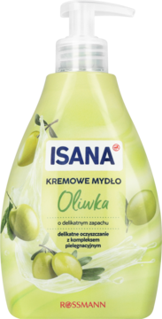 ISANA Kremowe Mydło Oliwka, jasnozielona butelka z białą pompką, ilustracja oliwek. Widok z przodu.