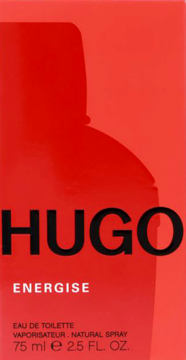 Czerwone pudełko wody toaletowej Hugo Energise 75ml, widok z przodu z czarnymi napisami produktu.