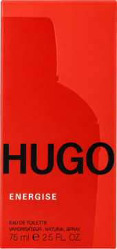 Czerwone opakowanie perfum Hugo Energise, woda toaletowa 75 ml, z czarnym napisem HUGO na froncie.