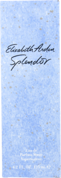 Elizabeth Arden Splendor Eau de Parfum Spray, niebieskie pudełko z plamkami i eleganckim napisem, widok z przodu, 125 ml.