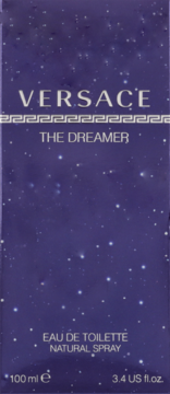 Frontowe opakowanie Versace The Dreamer woda toaletowa 100 ml, granatowe, nocne tło z białymi gwiazdami.