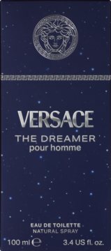 Front view of Versace The Dreamer pour homme Eau de Toilette dark blue box with silver Medusa logo and stars.