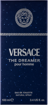 Versace The Dreamer Pour Homme EDT, granatowe pudełko z gwieździstym tłem, srebrne logo Meduzy i napis, widok z przodu.