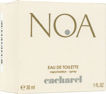 Jasne beżowe pudełko perfum Cacharel Noa EDT 30ml, z dużym napisem NOA z kropką, widok z przodu pod kątem.
