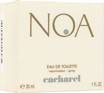 Jasne beżowe pudełko perfum Cacharel Noa EDT 30ml, z dużym napisem NOA z kropką, widok z przodu pod kątem.