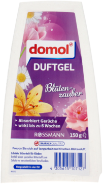 Biały odświeżacz Domol Duftgel Blüten-zauber, stożkowa butelka z etykietą w kwiaty, widok z przodu.