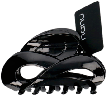 Czarna, błyszcząca klamra do włosów Nanu z ząbkami, o skomplikowanym falistym kształcie, widok z boku.