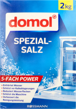 domol Sól specjalna do zmywarek w niebieskim opakowaniu 2kg, widok z przodu, z napisem 5-FACH POWER.