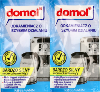 Dwie pionowe niebiesko-białe saszetki domol ODKAMIENIACZ o szybkim działaniu, opis: BARDZO SILNY, widok z przodu.