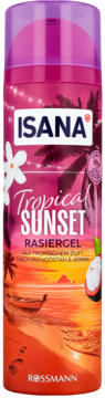 ISANA Tropical Sunset Rasiergel, butelka z tropikalnym zachodem słońca, palmami i mangostanem, widok z przodu.