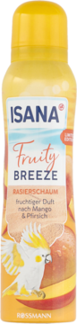 Isana Fruity Breeze pianka do golenia mango i brzoskwinia, żółte opakowanie z papugą, widok z przodu.