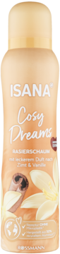 ISANA Cosy Dreams pianka do golenia o zapachu cynamonu i wanilii, beżowa butelka z grafiką.