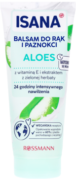 Biała tubka balsamu Isana Aloes do rąk i paznokci, z zielono-niebieskim tekstem i grafiką aloesu, widok z przodu, 24h nawilżenia.