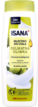 Biała butelka Isana Mleczko Delikatna Oliwka z zieloną etykietą, 48h pielęgnacja suchej skóry, widok z przodu.