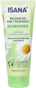 ISANA Balsam do rąk Rumianek, jasnozielona tubka z białymi kwiatami, intensywnie nawilżający, widok z przodu.