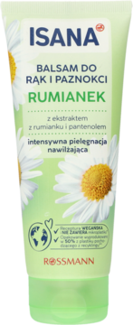ISANA Balsam do rąk Rumianek, jasnozielona tubka z białymi kwiatami, intensywnie nawilżający, widok z przodu.