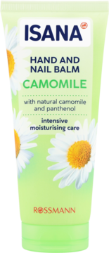 ISANA Hand & Nail Balm Camomile w jasnozielonej tubce z kwiatami rumianku, widok z przodu.
