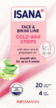 Isana Cold Wax Strips do twarzy i bikini, różowo-białe opakowanie z aloesem i pestkami winogron, widok z przodu.
