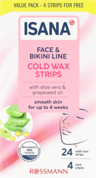 Biało-różowe opakowanie Isana Face & Bikini Line Cold Wax Strips z aloesem i olejkiem z pestek winogron.