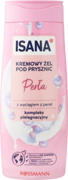 Isana kremowy żel pod prysznic Perła, różowa butelka z mlecznymi falami i perłami, z ekstraktem z pereł, widok z przodu.