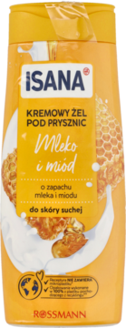 Isana kremowy żel pod prysznic Mleko i miód, żółta butelka dla suchej skóry, widok z przodu.