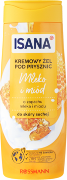 Kremowy żel Isana Milk & Honey w żółtej butelce, grafika miodu i mleka, do skóry suchej, widok z przodu.