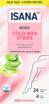 ISANA Body Cold Wax Strips, różowo-białe opakowanie z aloesem i olejem z pestek winogron, 24 paski, przód.