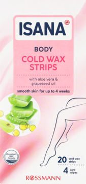 Isana Body Cold Wax Strips z aloesem i olejem winogronowym. Biało-różowe opakowanie, przód, z rysunkiem nóg.