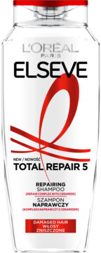 L'Oréal Elseve Total Repair 5 Szampon naprawczy do włosów zniszczonych, biała butelka, czerwona nakrętka, widok z przodu.