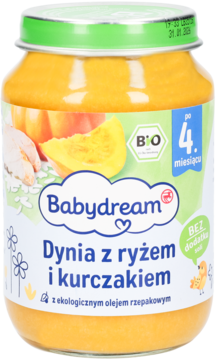 Szklany słoik Babydream z musu dyniowo-ryżowego z kurczakiem dla niemowląt od 4. miesiąca, bez soli. Zielona nakrętka.