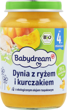 Słoiczek Babydream Dynia z ryżem i kurczakiem, BIO, z zieloną zakrętką, dla niemowląt od 4 miesięcy, widok z przodu.