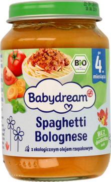 Bio danie Babydream Spaghetti Bolognese w szklanym słoiku z zieloną nakrętką, bez dodatku soli, widok z przodu.