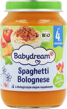 Frontowy widok słoiczka Babydream Spaghetti Bolognese, BIO dla dzieci od 4 m-ca, z obrazkiem dania i napisem BEZ dodatku soli.
