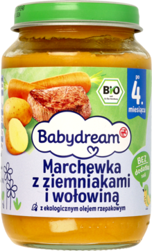 Babydream przecier warzywno-mięsny dla niemowląt: marchew, ziemniaki, wołowina. Słoik z zieloną nakrętką, widok z przodu.