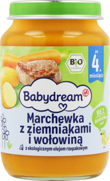 Słoiczek Babydream Marchewka z ziemniakami i wołowiną BIO, z zieloną nakrętką, dla niemowląt po 4. miesiącu.