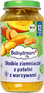 Babydream BIO obiadek warzywny: Słodkie ziemniaczki z patelni z warzywami, dla dzieci od 12 miesiąca, w szklanym słoiku, widok z przodu.